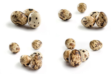Obraz premium Quail eggs isolated on white background. Collage of set photos.