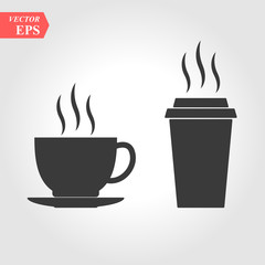 Two cups with hot drink. Hygge vector. Paper cup icon in flat style. Drink icon. Fast food.