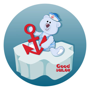 Polar bear cub with an anchor. Good sailor. Funny bear-baby. Emblem for children's textiles, for children's albums, packing toys with marine themes. Time of adventure and sea travel.