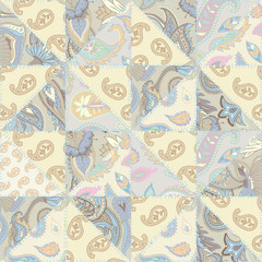 Seamless background pattern. Patchwork pattern of a triangles with Paisley ornament patterns. Vector image.