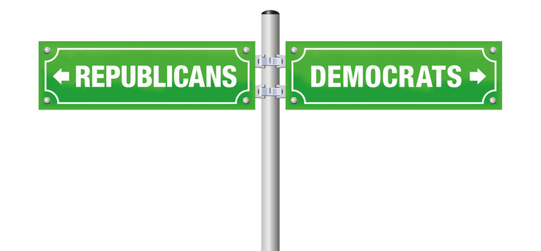 REPUBLICANS or DEMOCRATS, written on street signs to choose ones favorite party, government, politics, ideology - isolated vector illustration on white background.