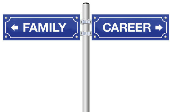 CAREER or FAMILY, written on street signs - go for business, job and success or go for being mother or father - isolated vector illustration on white background.