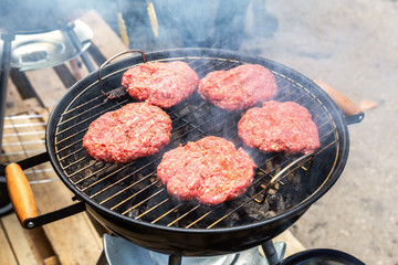 Barbecue with delicious grilled meat on the hot coals of grill