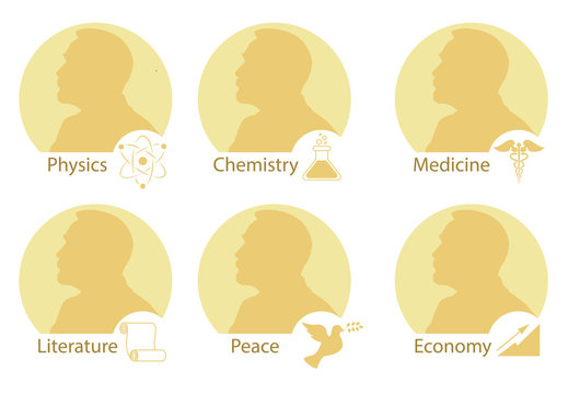 Set of stylized Nobel medals. Silhouette of Nobel in a flat style.