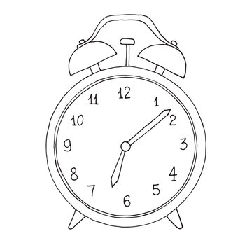 Hand drawn alarm clock isolated on white background. Vector illustration of a sketch style.