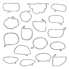 Fototapeta premium Think talk speech bubbles. Artistic collection of hand drawn doodle style comic balloon, cloud and heart. Vector illustration in sketch style.