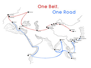 One Belt One Road new Silk Road concept. 21st-century connectivity and cooperation between Eurasian countries. Vector illustration