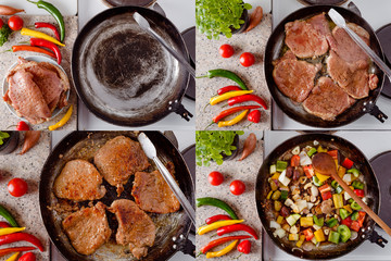 Pork steak roast on rustic pan, fresh hot chili peppers, tomato and herbs. Mix of fresh vegetables fried in the rustic pan. Collage of set photos.
