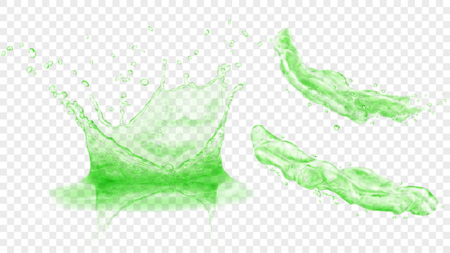 Set of translucent water crown with drops and two splashes or jets in green colors, isolated on transparent background. Transparency only in vector format