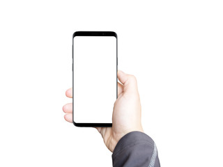 Modern black smartphone with an isolated white screen for product or app mockup in man hands. White background