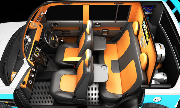 Interior of a youth car for outdoor activities. Exibition for the competition of automotive music. Completed in the style of the old school.