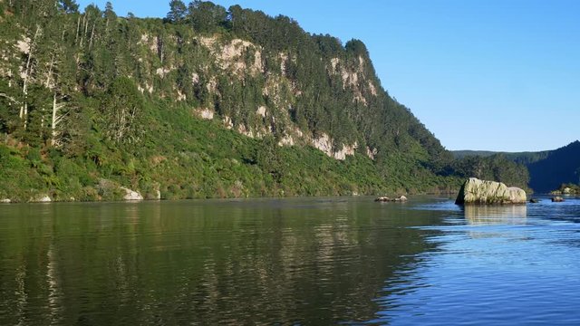 Wide shot of Lake Whakamaru, a popular trout fishing spot, near Tokoroa in New Zealand