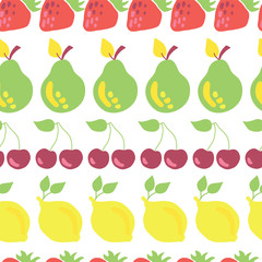 Row of fruits vector seamless pattern. Strawberries, pears, cherries, and lemons on a white background. Perfect for kitchen items, packaging and all kind of paper and fabric projects.