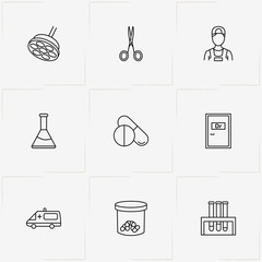 Hospital line icon set with scissor, doctors door and nurse