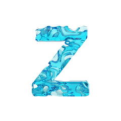 Alphabet letter Z uppercase. Liquid font made of fresh blue water. 3D render isolated on white background.
