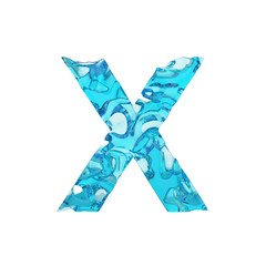 Alphabet letter X uppercase. Liquid font made of fresh blue water. 3D render isolated on white background.