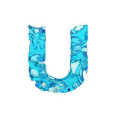 Alphabet letter U uppercase. Liquid font made of fresh blue water. 3D render isolated on white background.