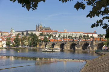 Spring Prague gothic Castle with the Lesser Town above River Vltava in the sunny Day, Czech Republic