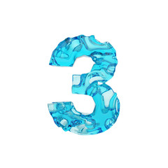 Alphabet number 3. Liquid font made of fresh blue water. 3D render isolated on white background.