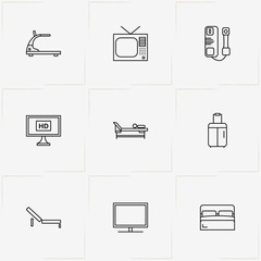 Hotel line icon set with television, chaise and treadmill