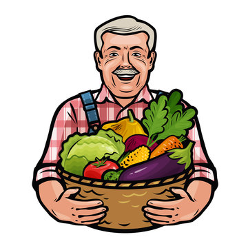 Happy farmer holding a wicker basket full of fresh vegetables. Farm, agriculture, horticulture concept. Cartoon vector illustration