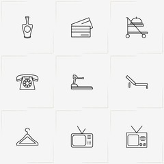 Hotel line icon set with television, food service trolley and treadmill