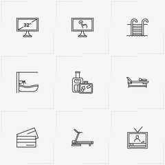 Hotel line icon set with swimming pool ladder, television and bath