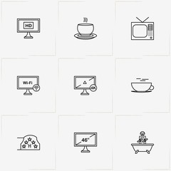 Hotel line icon set with cup of tea, television and bath