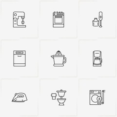 House Application line icon set with flatiron, coffee machine  and mixer
