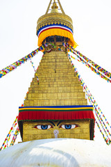 Wisdom eye on a Swayambhunath Stupa also known as Monkey Temple. Swayambhunath Stupa is an ancient religious architecture atop a hill in the Kathmandu Valley Nepal
