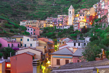 Aerial panoramic view of Manarola fishing village in Five lands, Cinque Terre National Park, Liguria, Italy.
