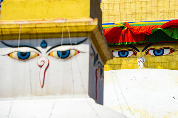 (Selective focus) Wisdom eye on a Swayambhunath Stupa also known as Monkey Temple. Swayambhunath Stupa is an ancient religious architecture atop a hill in the Kathmandu Valley Nepal