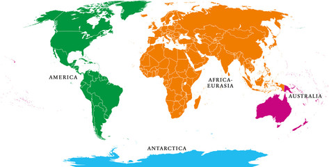 Fototapeta premium Cztery kontynenty. Mapa świata z granicami państwowymi. Ameryka, Afryka-Eurazja, Australia i Antarktyda. Mapa polityczna pod odwzorowaniem Robinsona. Etykietowanie w języku angielskim. Na białym tle Wektor.