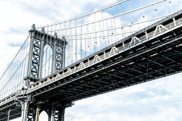 Closeup isolated against sky view of under Manhattan Bridge in Brooklyn outside exterior outdoors...