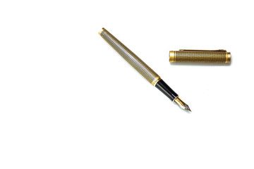 Pen. Elegant gold plated business fountain pen isolated on white with clipping path