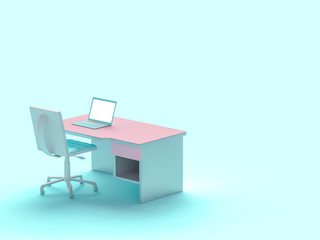 Laptop on table and chair pastel blue color