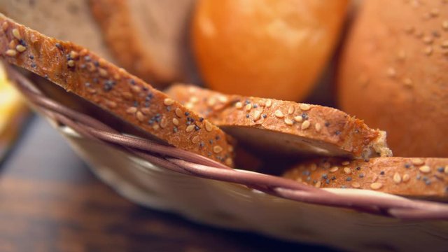 close up crisp bread in breadbasket