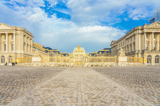 Main entrance of Versailles Palace, Versailles, France. Palace Versailles was a royal chateau. It was added to UNESCO list of World Heritage Sites.