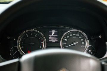 Dashboard of mileage in car,Speed meter is gauge that measures and displays - obrazy, fototapety, plakaty