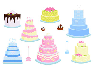 Wedding vector cake pie sweets dessert bakery flat simple style baked wedding-day food illustration.