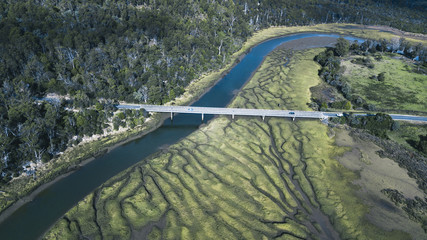 River Patterns and Bridge, Tasmanian Landscape Australia Views from the air 
