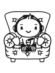 sitzen sessel controller spielen zocken konsole huhn küken vogel spaß niedlich kopfhörer mikrophon kopf logo design pro gamer headset