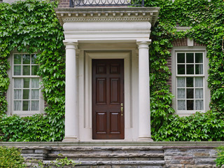 Fototapeta na wymiar Vine covered house with portico entrance