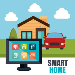 desktop computer controlling smart home vector illustration design