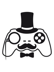 sir herr gentlemen mustache schnurrbart zylinder monokel brille hut reich retro spielen joystick controller tasten knüppel steuerung cool logo design pro gamer