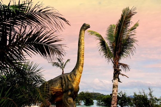 Sauropods Dinosaur  on beautiful landscape background.