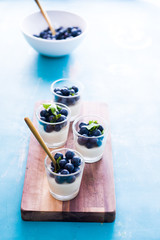 Vanilla pannacotta inside small cup and fresh blueberries. frontal view with golden spoon, and other tools