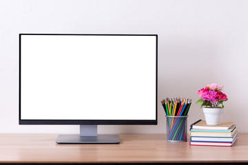 computer monitor on white table  work space background