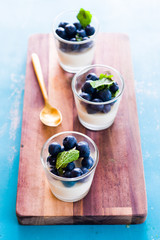 Vanilla pannacotta inside small cup and fresh blueberries. frontal view with golden spoon, and other tools © jon11