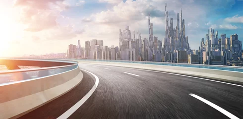 Keuken spatwand met foto 3D rendering futuristic concept city landscape skyline flyover highway bridge . © jamesteohart